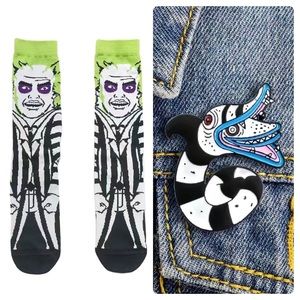 Beetlejuice Cotton Crew Socks and Enamel Sandworm Pin Combo Set Lot Movie